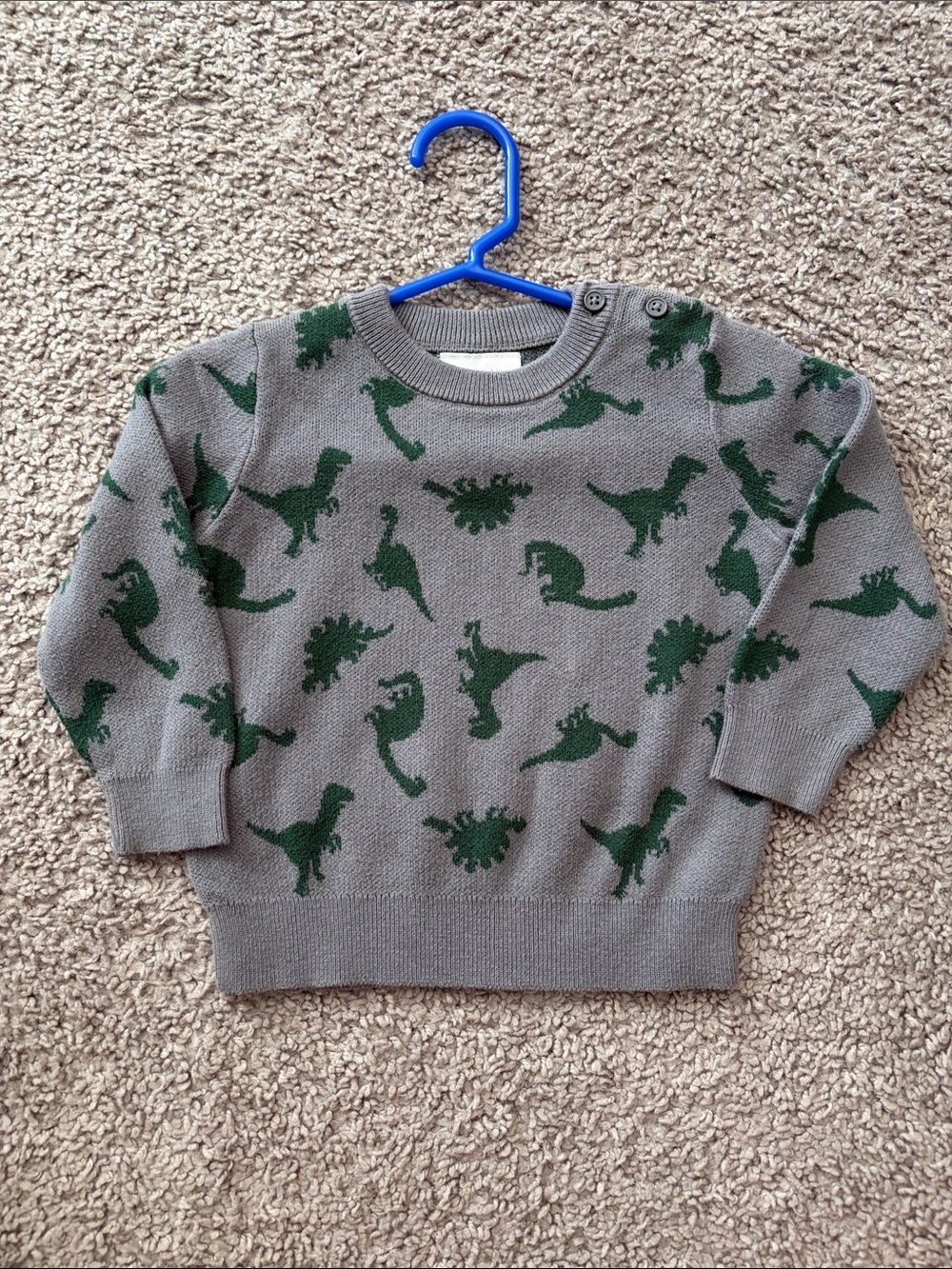 okie dokie Gray Knit Sweater with Green Dinosaur Motif